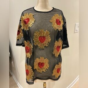 AKIRA Black Sheer Top with Gold and Red Sequin hearts